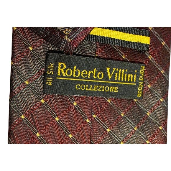 Vintage Necktie Roberto Villini Handmade Silk Red Plaid Check Pattern 100% Silk - Picture 2 of 9